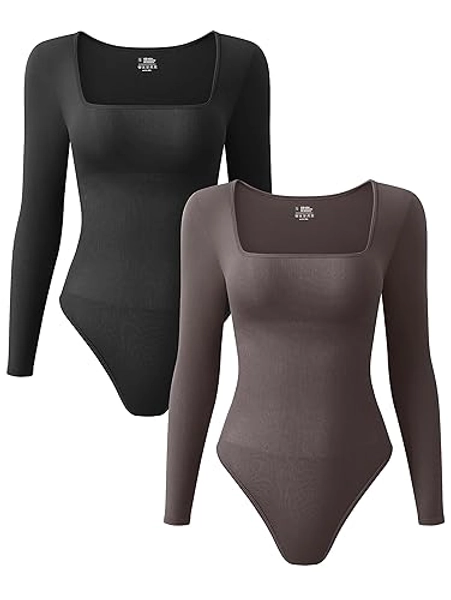 OQQ Women's 2 Piece Bodysuits Sexy Ribbed One Piece Square Neck Long Sleeve Bodysuits - Black Tea Leaf - Small