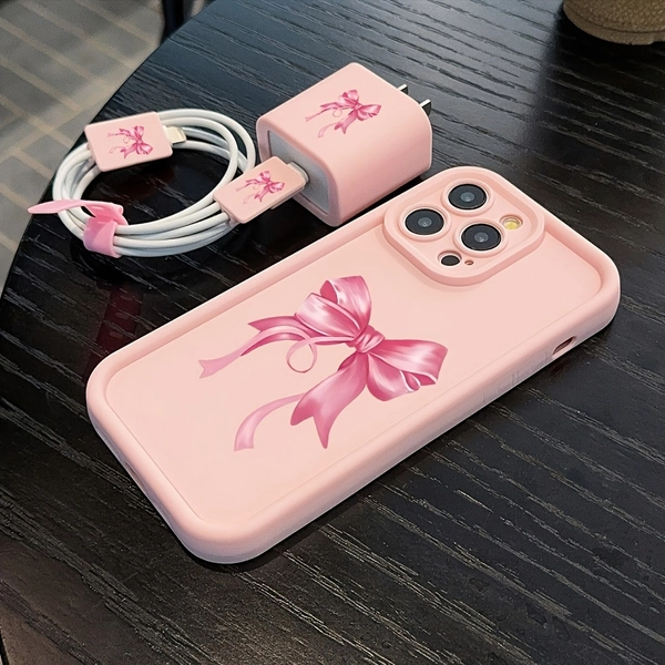 A Set of 5: Large Pink Bow Phone Case + Data Cable Protective Cover, Compatible with Apple Fast Charging Cables, Suitable for Iphone 11/12/13/13 Pro Max/14/14 Pro/14 Plus/14 Pro Max/15/15 Pro/16/16 Plus/16 Pro Max/16 Pro/15 Pro Max XR XS Protective Case Set.