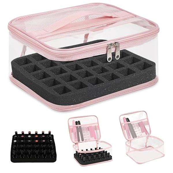Beloving Clear Nail Polish Organizer Holds 30 Bottles PVC Nail Polish Case See-Through Nail Supplies with Manicure Tools Storage Sections, Portable Travel Nail Tech Carrying Bag for Storage Display - 1 Count (Pack of 1) - 1.Pink