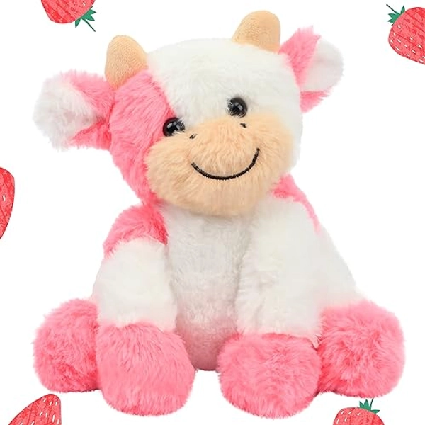 Hopearl Adorable Plush Cow Toy Floppy Dairy Cattle Soft Stuffed Animal Cute Birthday Gifts for Boys Girls Kids Toddlers, Strawberry Pink, 9'' - Pink