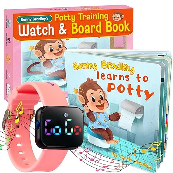 Potty Training Watch & Board Book for Kids – A Water Resistant Potty Reminder Device for Boys & Girls - Train Your Toddler with Fun Musical or Vibration Reminders and Printed Board Book (Pink) - Pink