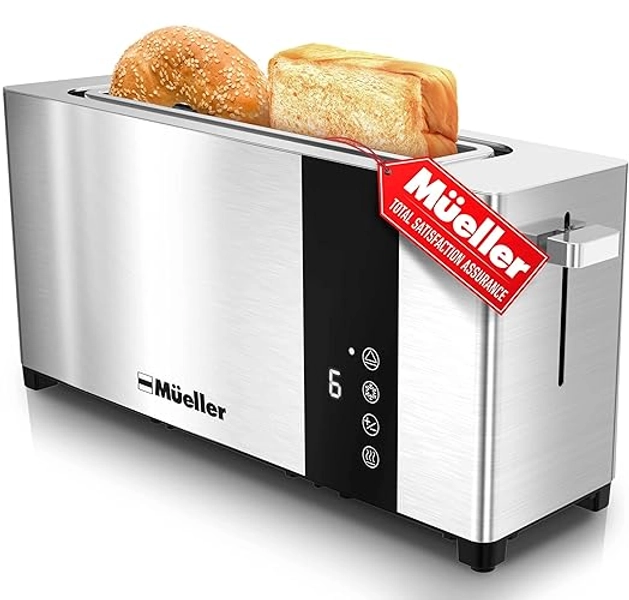 Mueller UltraToast Full Stainless Steel Toaster 2 Slice, Long Extra-Wide Slots with Removable Tray, Cancel/Defrost/Reheat Functions, 6 Browning Levels with LED Display, Housewarming Gifts New Home - 2 Slice