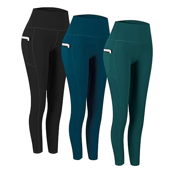 Fengbay 3 Pack High Waist Yoga Pants,Yoga Pants for Women Tummy Control Workout Pants 4 Way Stretch Leggings with Pockets - Large - Black & Peacock & Dgreen