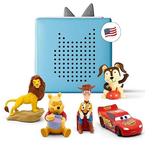 Toniebox Audio Player Disney Starter Set Bundle with Woody, Lightning McQueen, Simba, Winnie-The-Pooh, and Playtime Puppy - Listen, Learn, and Play with One Huggable Little Box - Light Blue - Light Blue