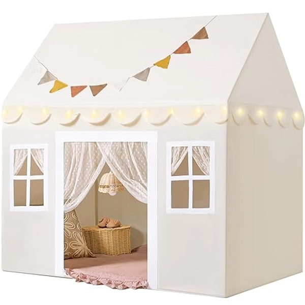 Tiny Land Play Tent with Padded Mat & LED Lights, Kids Tent, Playhouse for Kids, Indoor Bed Tent for Toddler, Toys for 3,4,5,6-Year-Old Girls, Neutral Color Play Room Furniture - Playhouse Tent