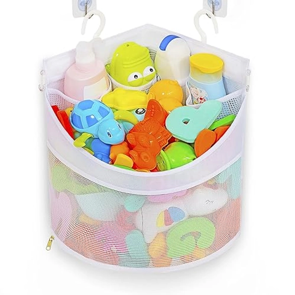 Ligereza Baby Bath Toy Organizer, Quick Drying， and Mould Proof, Corner Hang-Suspension Bath Toy Holder, Large Capacity Multi Use bath toy storage（ White）