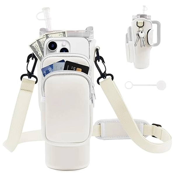 JEBEALUO Water Bottle Carrier Bag with Phone Pocket for Stanley Cup 40/30 oz, Water Bottle Holder with Adjustable Strap& Straw Cover, Stanley Cup Accessories - 40 oz - 02 White