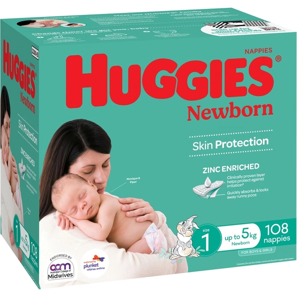 Huggies Newborn Nappies Size 1 (up to 5kg) 108 Pack