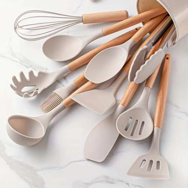 ensemble 12 ustensiles cuisine en silicone manches en bois - Temu France