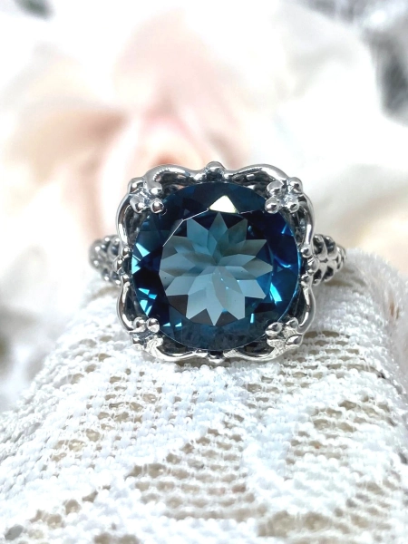 London Blue Topaz Ring, Sterling Silver or Gold/ 7ct Round Natural Topaz Victorian Filigree [Made To Order] Speechless Design#103