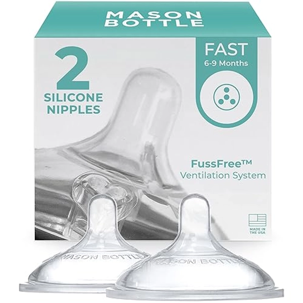 Mason Bottle Nipples (2-Pack) - Silicone Nipples, Fits Any Regular-Mouth Mason Jar - Fast Flow (6+ Months), Wide Natural-Shaped, BPA-Free, Non-Toxic Baby Bottle Nipples - Made in USA - Fast Flow, 6+ Month