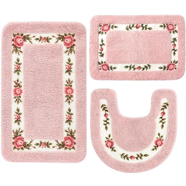 3 Pcs Rose Flowers Coquette Bathroom Rugs Set Coquette Rug Bathroom Bedroom Living Room Carpet, Floral Flower Rugs for Bedroom Non Skid Absorbent Romantic Rose Flower Area Rugs 3 Shapes(Pink) - Pink