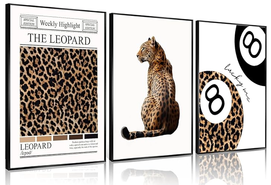 Set of 3 Trendy Leopard Wall Art Funky Lucky 8 Ball Posters Prints Preppy Room Aesthetic Cheetah Wall Decor Pictures for Girls Bedroom Apartment Dorm Unframed 12x16in - 12x16in poster