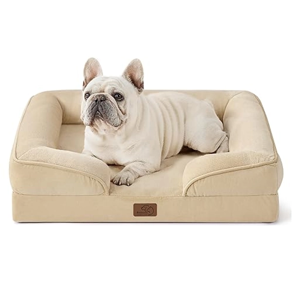 Bedsure Orthopedic Dog Bed for Medium Dogs - Waterproof Dog Sofa Beds Medium, Supportive Foam Pet Couch Bed with Removable Washable Cover, Waterproof Lining and Nonskid Bottom, Light Khaki - 28.0"L x 23.0"W x 6.5"Th - Almond Cream-Light Khaki