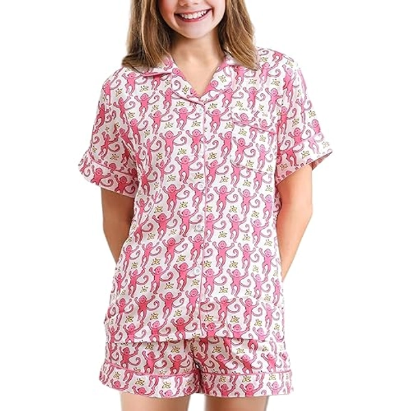 𝒌𝒊𝒅𝒔 Monkey Pajamas Pajama Set,𝑮𝒊𝒓𝒍𝒔 Monkey Pajamas Rabbit Pjs,Preppy Monkey Pajamas,Button Down Shorts Pjs - Pink - 12-13 Years