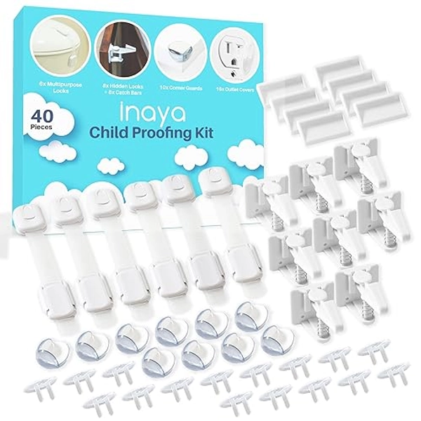 Inaya Complete Baby Proofing Kit - Child Safety Hidden Locks for Cabinets & Drawers, Adjustable Safety Latches, Corner Guards and Outlet Covers - Baby Proof Pack to Keep Your Child Safe at Home - 40 Piece Set