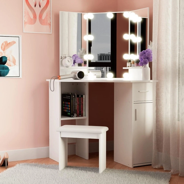 Latitude Run® Makarama Bedroom Corner Makeup Vanity with Lights "& Reviews" | Wayfair