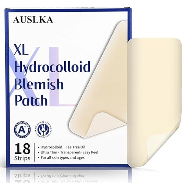 AUSLKA Large Blemish Patches XL -18 Strips - Hydrocolloid Patch for Covering Zits - Spot Stickers - Vegan and Cruelty for Face and Skin