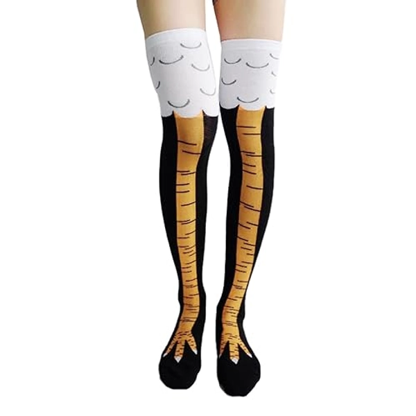 Keyoung Chicken Leg Socks Damen Hühner Socken Lustige Personalisierte Hühnerbein Socken Hühnersocken Cosplay Hühnerbein Kniestrümpfe für Halloween Geschenke Erwachsene Witzige Strick Overknee Socken - Schwarz