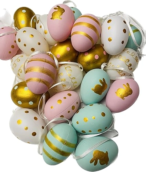 khevga Deko Ostern: Osterdekoration Ostereier mit Band zum Aufhängen Violett Lila im Set (24er Set Lila Gold Mint) - 24er Set Lila Gold Mint
