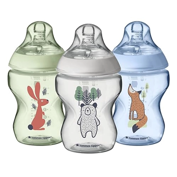 Tommee Tippee Natural Start Anti-Colic Baby Bottle, 9oz, 0 Months+, Slow Flow, Breast-Like Nipple for a Natural Latch, Anti-Colic Valve, Self-Sterilizing, Woodland Friends, Pack of 3 - 3 PACK - Woodland