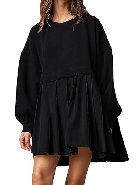 Dokuritu Sweatshirt Dress Women Crew Neck Long Sleeve Patchwork Pullover Tops Flowy Oversized Sweatshirt Mini Dress - Black - Large