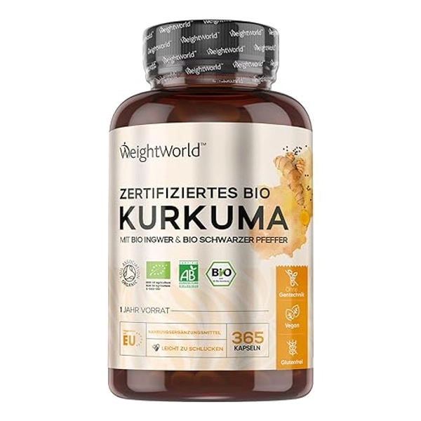 Bio Kurkuma Kapseln - 365 Turmeric Capsules - 1 Jahr Vorrat - Curcuma Pulver mit Ingwer & Schwarzer Pfeffer - Vegan - Bio Zertifiziert - WeightWorld