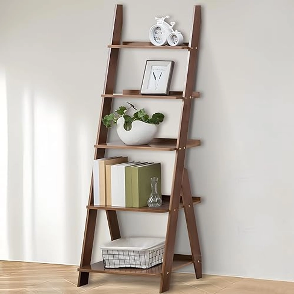DOUSY-5-Tier Ladder Shelf Bookcase, Bamboo Ladder Bookshelf Leaning Bookshelf, Freestanding Storage Shelf Boho Bookshelf for Living Room, Home Office, Bedroom, Balcony, Walnut - 5 tier - Walnut
