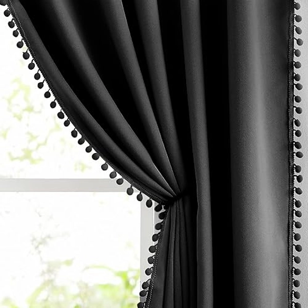 Pom Pom Black Blackout Curtains for Bedroom 63 inch Thermal Insulated 100 Full Blackout Window Panels for Living Room Drapes Nursery Kids Guest Room 50" w x2 Panels Rod Pocket - 50"W x 63"L White