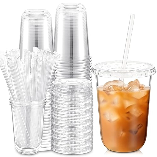 Ziliny 50 Sets Clear Plastic Cups with Lids and Straws, Disposable Iced Coffee Cups Drinking PET for Cold Drinks, Juice, Smoothie, Coffee Shops, Party, Christmas(Clear,16 oz) - 16 oz - Clear