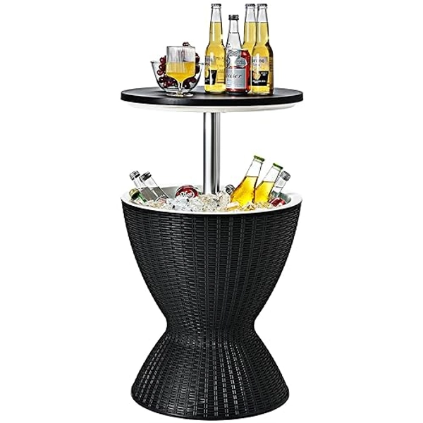 Giantex Cool Bar Table, 8 Gallon Beer and Wine Cooler, Rattan Style Patio Bar Tables, Height Adjustable, 3-in-1 Ice Cooler with Drainage Plug, Outdoor Cocktail Table for Deck Pool Party (Black) - Black