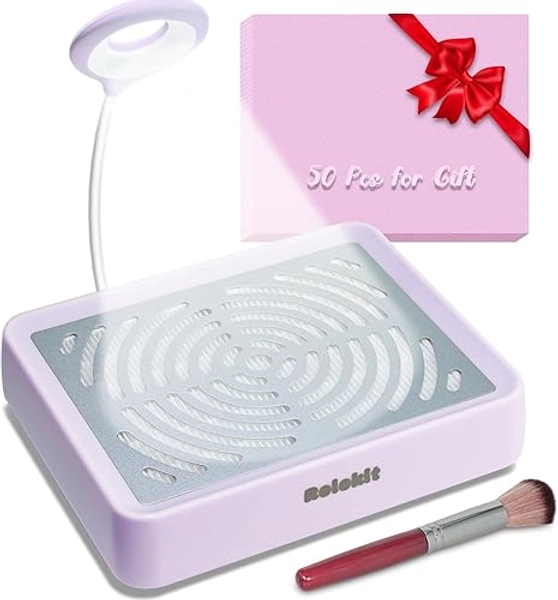 Nail Dust Collector with Lamp & 50pcs Disposable Filter & Dusting Brush, Electric Nail Vacuum Cleaner Dust Fan Suction Machine for Manicure Acrylic Gel Nails Polishing, Low Noise, Salon Home
