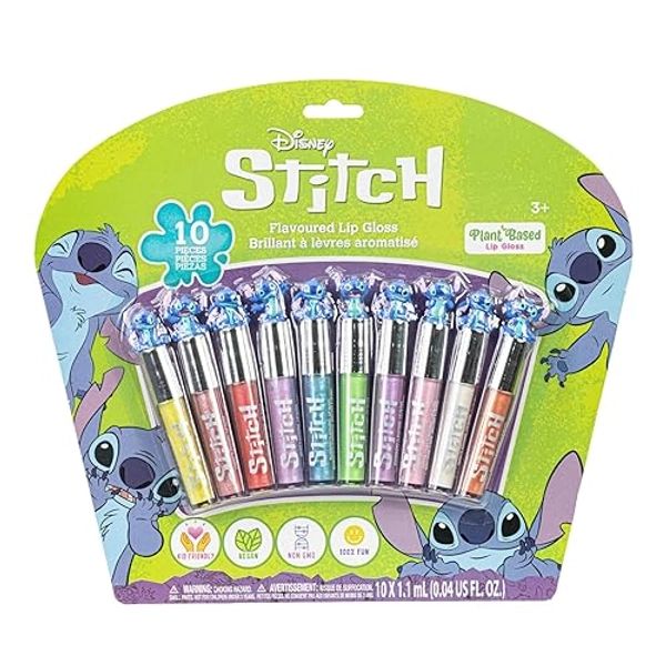 Townley Girl Disney Stitch 10 Piece Plant Based Lip Gloss, Girls Party Favors, First Makeup Set for Girl, Perfect for Parties, Sleepovers, and Birthday Gifts, Ages 3