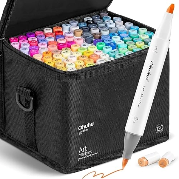 Ohuhu Alcohol Markers Brush Tip -Double Tipped Art Marker Set for Artist Adults Coloring Illustration - 120 Colors- Brush & Chisel Dual Tips- Honolulu of Ohuhu Markers- Refillable Alcohol-based Ink - Chisel & Brush