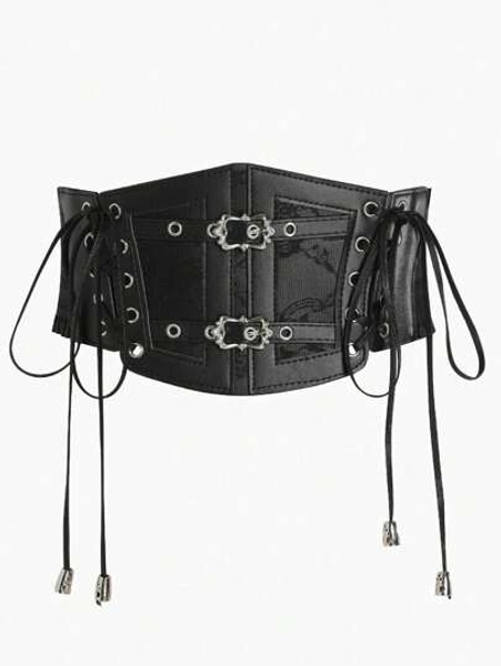1 pieza Cinturón de entrenamiento de cintura de estilo punk oscuro con cordón elástico y estampado de flores de PU, apto para uso diario, Halloween, entrenador de cintura para mujeres, accesorio de cinturón de corsé para vestidos, gótico, punk, cinturón negro para mujeres, cinturón de corsé para vestidos, entrenador de cintura para adelgazamiento y control del abdomen