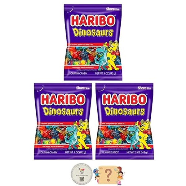 Haribo Gummi Candy - Soft & Chewy Delicious Gummies, (Pack of 3) Share Size Peg Bags + Bonus Mystery Candy (5 oz, Dinosaurs) - Dinosaurs - 5 oz