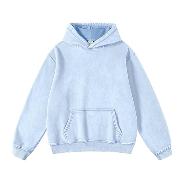 FAIABLE Mens Hoodies Pullover Oversized Hoodie Wash Plush Cotton Hooded Sweatshirt Vintage Heavyweight Hoodie Men Streetwear - Large - Light Blue
