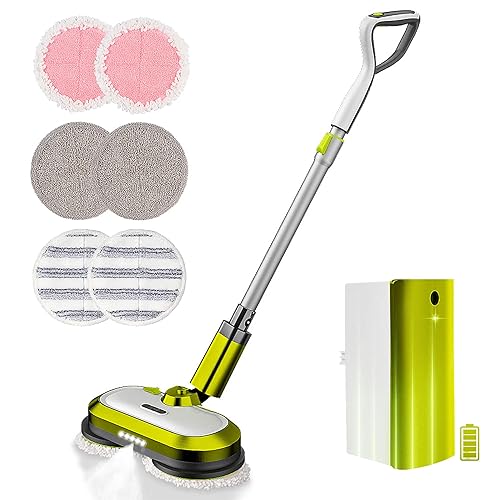 Cordless Electric Mop, Electric Spin Mop with LED Headlight and Water Spray, Up to 60 mins Powerful Floor Cleaner with 300ml Water Tank & Detachable Battery, Super Quiet Cleaning & Waxing
