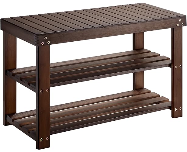 Pipishell Bamboo Shoe Rack Bench, 3 Tier Sturdy Shoe Bench, Storage Shoe Organizer, Holds up to 300lbs for Entryway Bedroom Living Room Balcony, Brown - Dark Brown - 27.5×11×17.5 inches