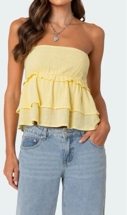 Edikted Linen Look Strapless Peplum Top | PacSun