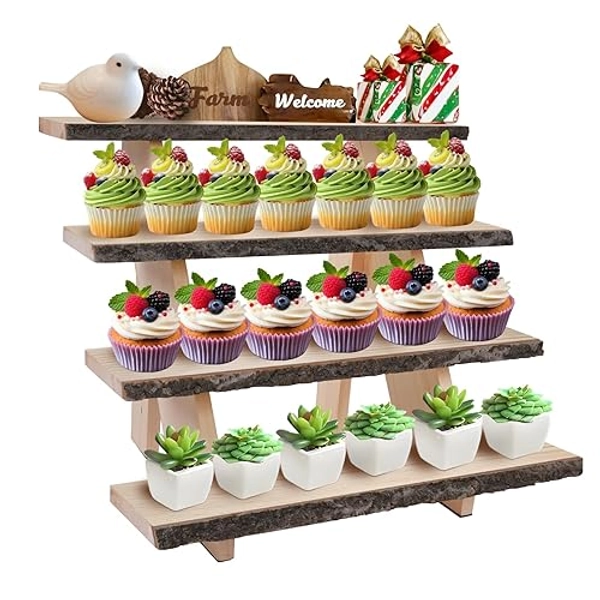 Display Stand 4 Tier Cupcake Stand Wooden Dessert Stands Rustic Display Riser Action Figure Stand,Display Stand for Vendor Events,Food Display,Decor,Birthday Party, Wedding, Baby Shower,Housewarming Gift