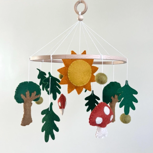 Felt Baby Mobile with Sun, Oak Trees and Mushrooms, Nursery Decor