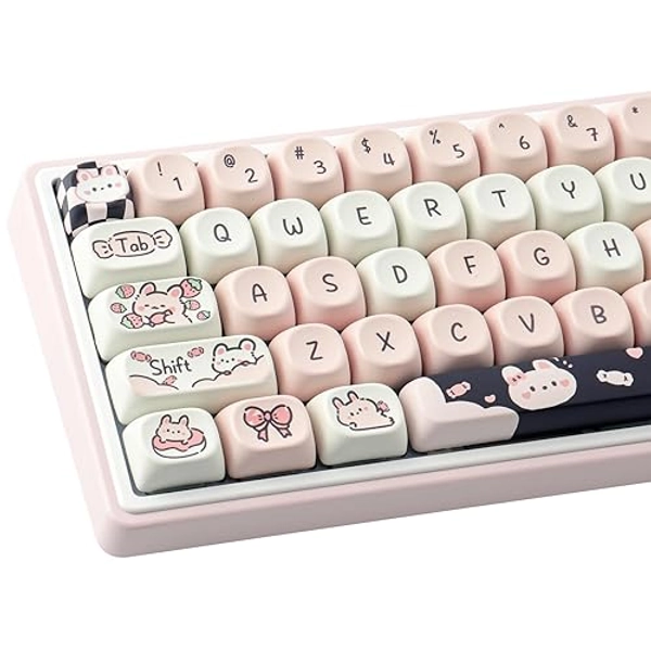 Sunzit PBT Keycaps - MOA Keycaps, Cute Keycaps for Mechanical Keyboard, 132 Keys, Dye-Sublimation Custom Keyboard Keycap Set for 61/64/68/84/87/100/104/108 Cherry MX Mechanical Keyboard, Bunny