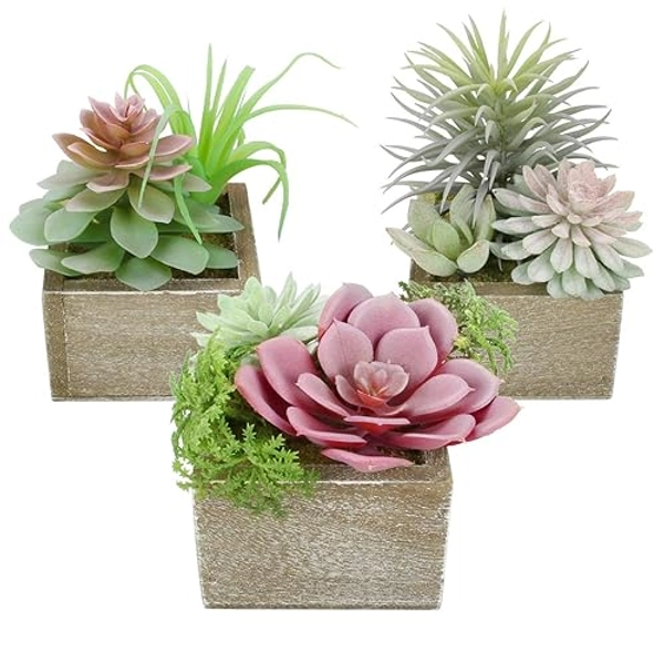 Mingfuxin Artificial Succulents Plants, Mini Assorted Green Fake Plants in Pots, Small Succulents Plants Artificial with Wood Potted for Bathroom Home Office Living Room Table Decor Indoor, Set of 3 - Symphony