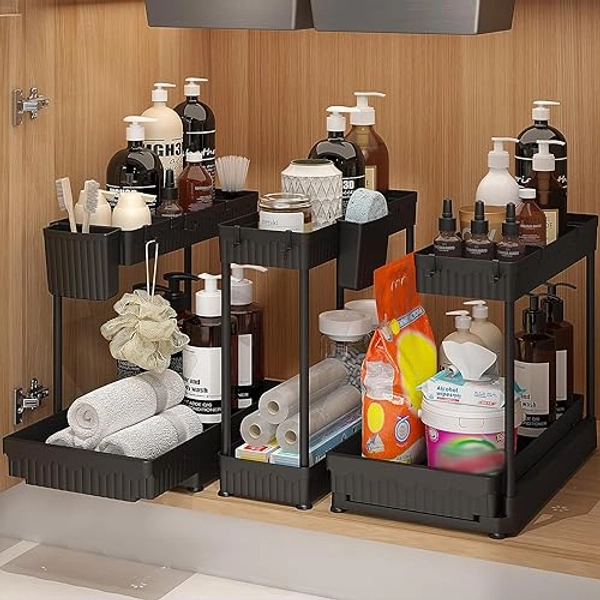 Sevenblue 3 Pack Under Sink Organizers and Storage L-Shaped, 2 Tier Sliding Bathroom Organizers and Storage with Hooks Hanging Cup, Multi-Purpose Cabinet Organizers for Kitchen Bathroom, Black - 3 Pack Black
