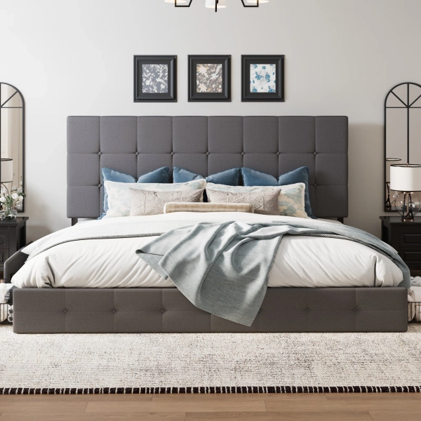 Silvester Modern Upholstered Platform Storage Bed with Wooden Slats, no box spring needed