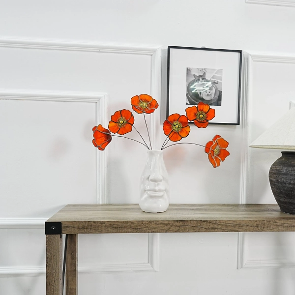 California Poppy set of 6 stained glass flowers-gift for her-Home decor-Christmas gift-Poppy flower decor-Faux Flower-Orange flower