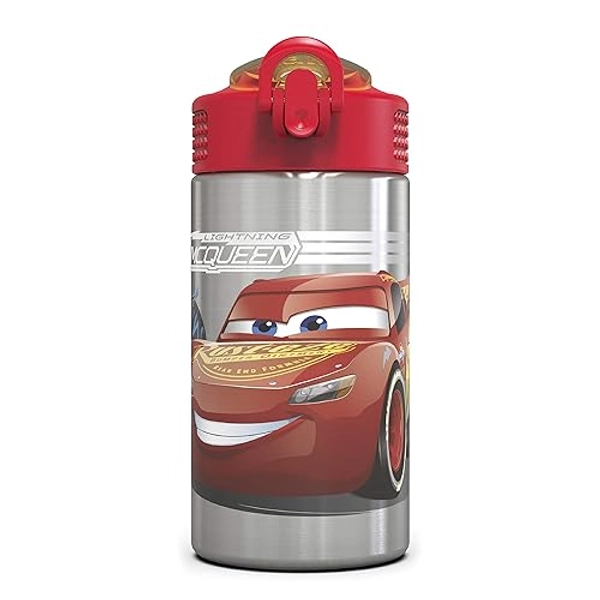Zak Designs Disney Cars 3 - Stainless Steel Water Bottle with One Hand Operation Action Lid and Built-in Carrying Loop, Kids Water Bottle with Straw Spout is Perfect for Kids (15.5 oz, 18/8, BPA-Free) - Cars 3 - 15.5 Ounces
