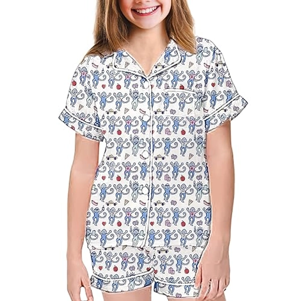 𝒌𝒊𝒅𝒔 Monkey Pajamas Pajama Set,𝑮𝒊𝒓𝒍𝒔 Monkey Pajamas Rabbit Pjs,Preppy Monkey Pajamas,Button Down Shorts Pjs - White - 8-9 Years