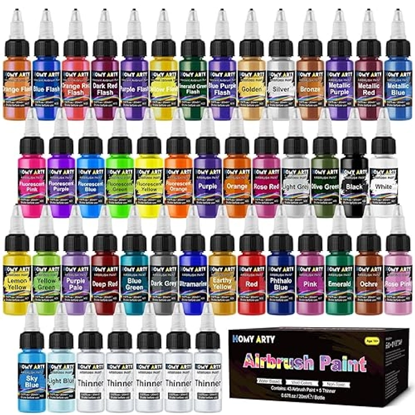 HOMY ARTY Airbrush Paint - 43 Colors with 5 Thinner, Ready to Spray Airbrush Paint Set, Water-Based Acrylic Air brush Paints for Metal, Plastic Models, Canvas, Wood - 48 Bottles - 43 Colors with 5 Thinner